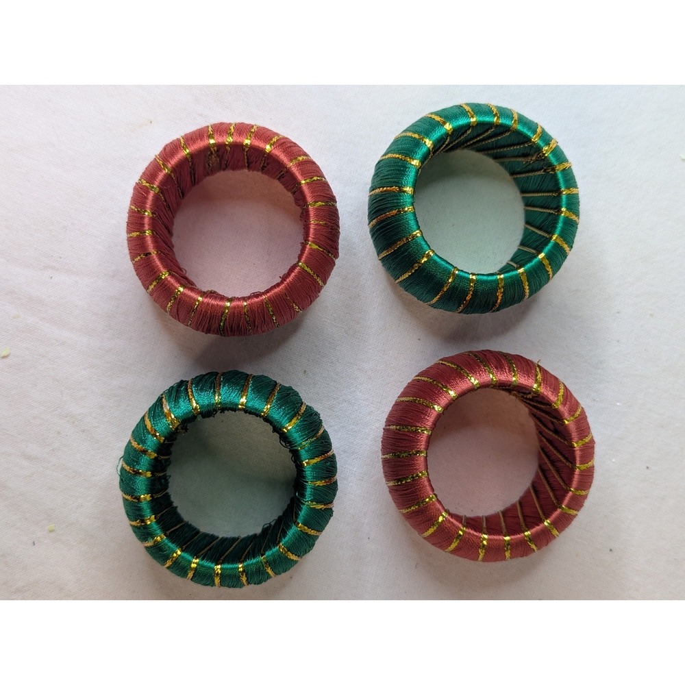 4 lot Red Green gold fabric metal‎ Christmas napkin rings holder tablescape